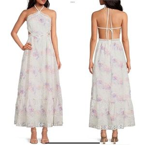 Gianni Bini White Eyelet Maxi Dress with Pastel Floral Wash NWT